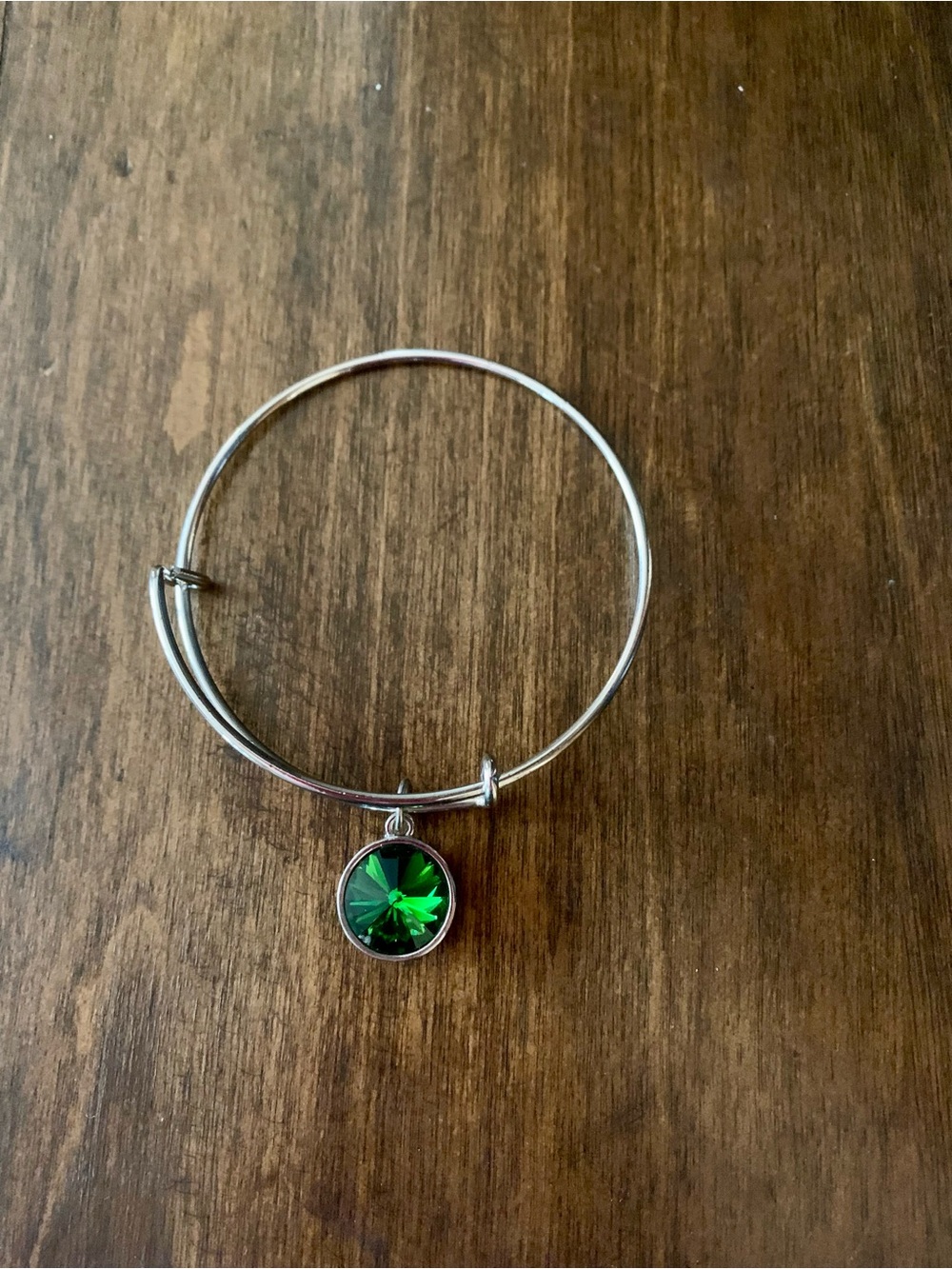 Silver-Tone Bangle Bracelet with Green Crystal Charm